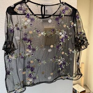 Floral Embroidered Sheer Black Top